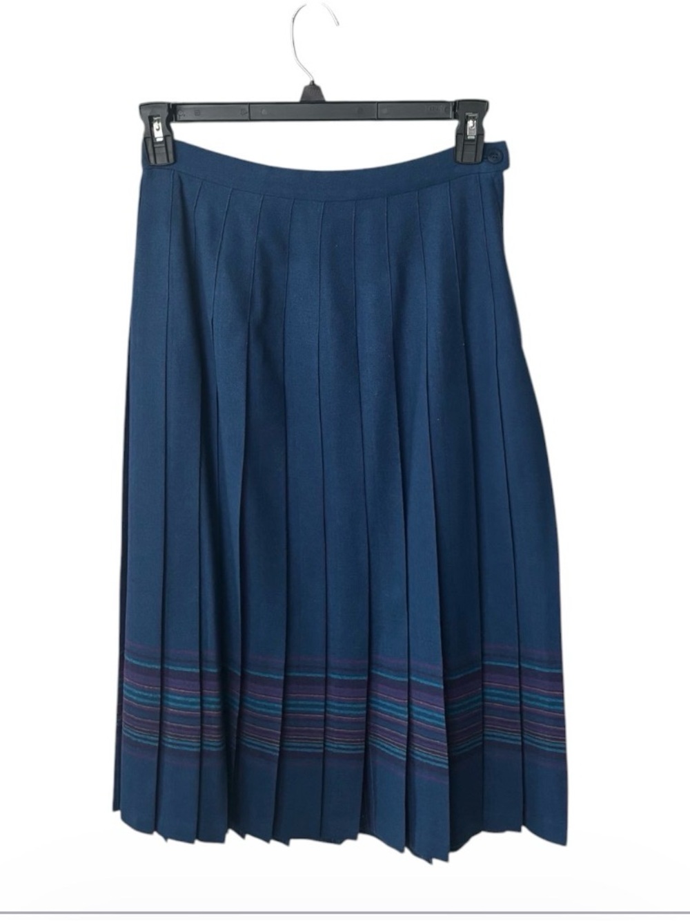 Pendleton Deep Navy Pleated A-Line Skirt with Hem Stripe -Vintage